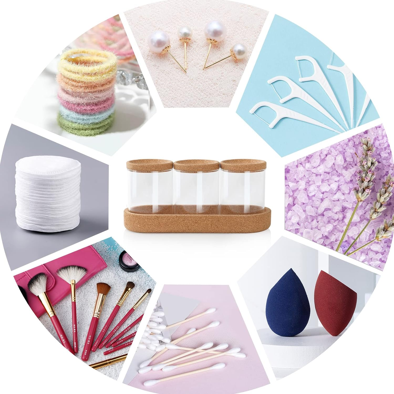 Anhow 3 Pack Qtip Holder Dispenser, Makeup Organizer with Cork Lids and Cork Pallet Cosmetic Display Cases Cotton Pad Dispenser for Cotton Ball, Cotton Swab, Cotton round Pads, Floss - Clear - Transparent image number 4