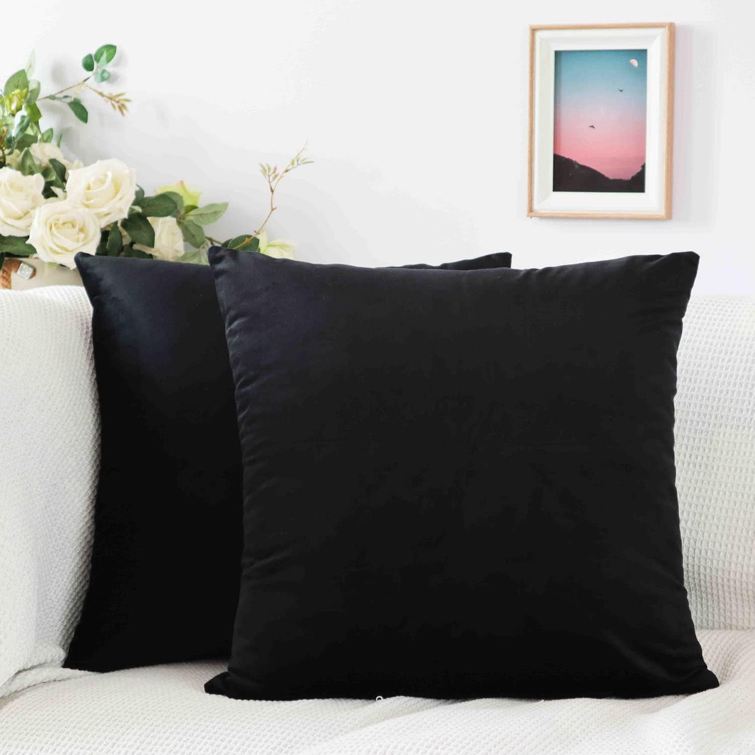 Cyuripu Pack of 2 Velvet Black Throw Pillow Covers 24 X 24 Inch Decorative Soft Cozy Square Cushion Covers for Sofa Couch Bed Home Decor 60 X 60 Cm