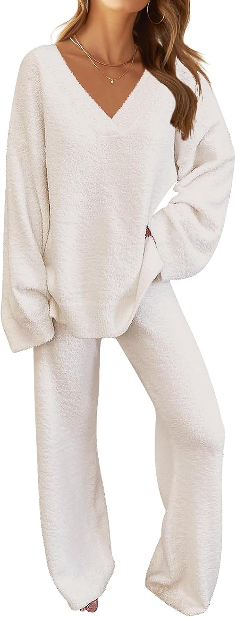 MEROKEETY Women'S 2 Piece Outfits Fuzzy Fleece Pajama Set Long Sleeve Top Wide Leg Pants Loungewear