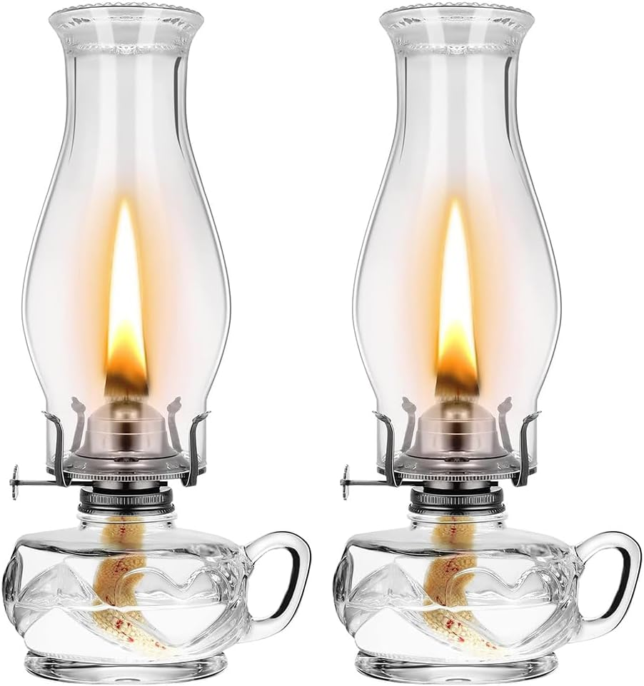 2 Pcs Chamber Oil Lamp Classic Kerosene,Glass Vintage Large Lantern,With Handle,Decorative Antique Clear Hurricane Lamp,For Home Tabletop Emergency Lighting Supplies(Clear)