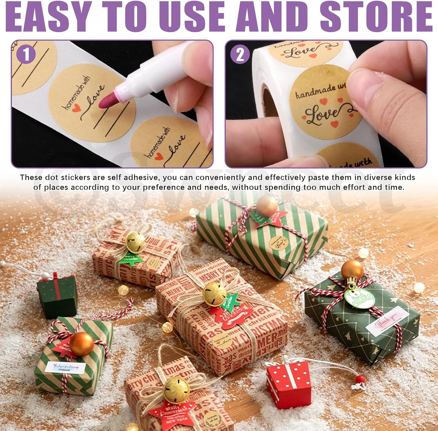 Swpeet 2240Pcs 1 Inch 4 Rolls Brown Kraft Love Stickers Printing in 5 Styles 500 per Roll & 2 Rolls Thank Stickers 120 per Roll Assortment Kit, Waterproof and Self-Adhesive Stickers (In Total 6 Rolls) image number 4