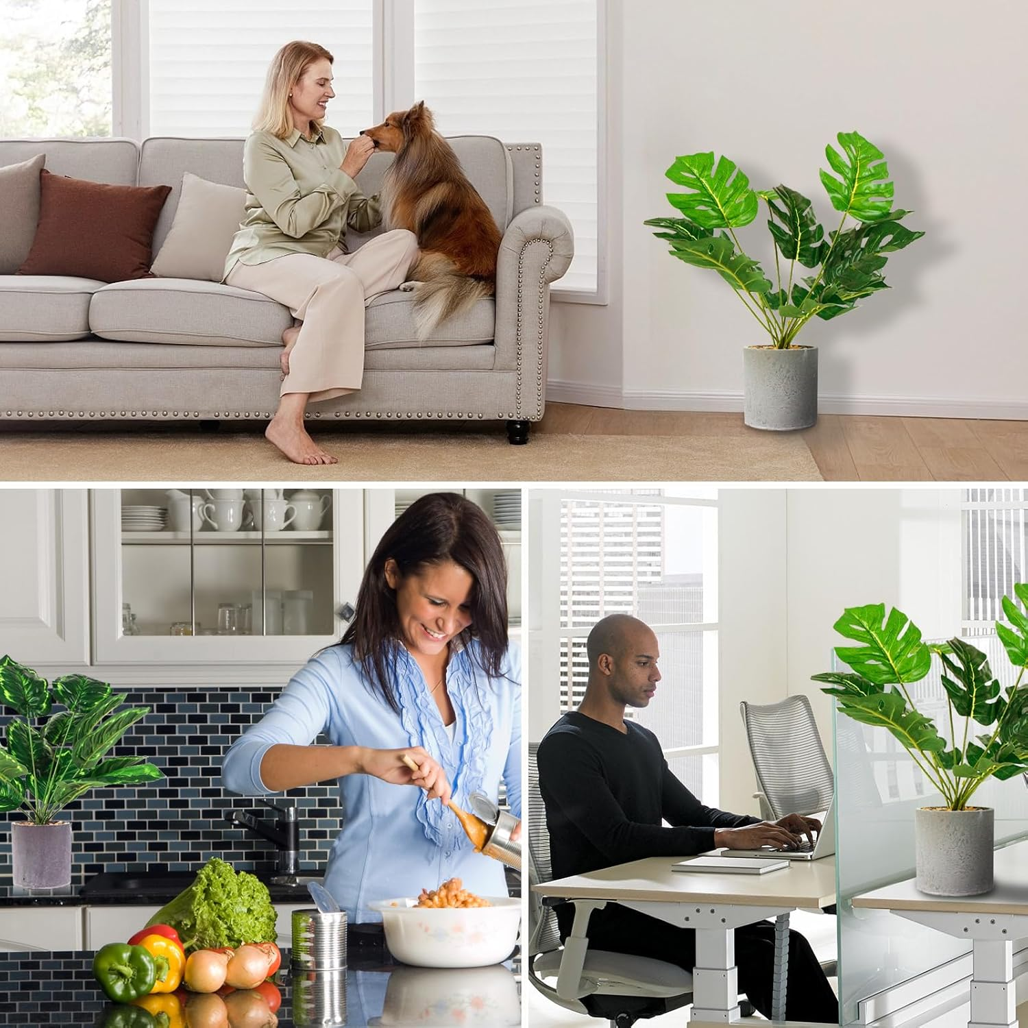 Lenamos 2 Pack Fake Plants Artificial Potted, 16" (40Cm) Faux Plants for Office Desk Home Farmhouse Decor Desk Shelf Living Room Bathroom Kitchen Greenery Decoration (Monstera Leaf + Peacock Leaf) image number 2