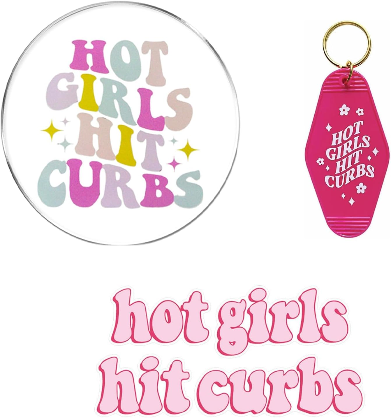 3PCS Hot Girls Hit Curbs Car Sticker & Quote Beaded Rear View Mirror and Pink Keychain, Cute Car Accessories for Genz Ladies Driver, Stickers Fit for Cars and Laptops image number 1