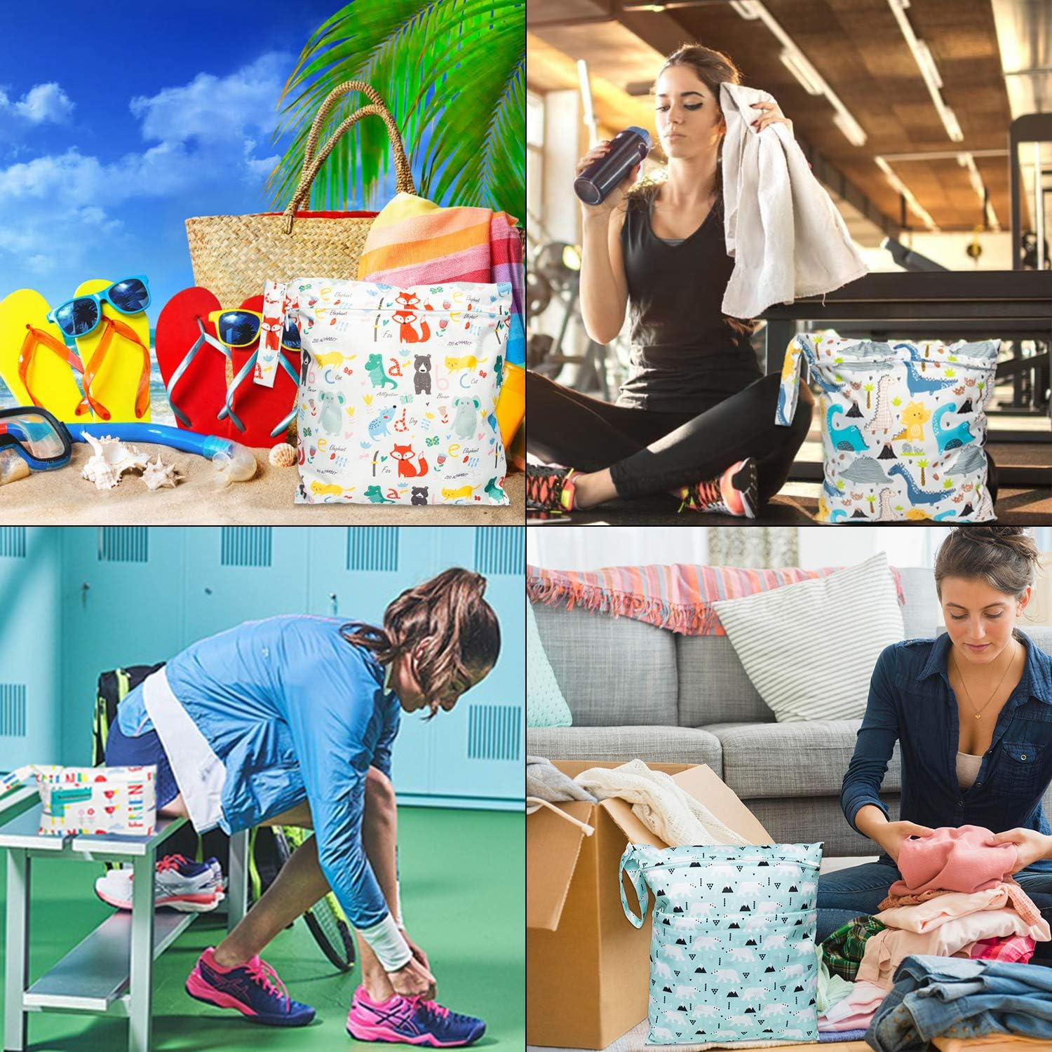 R Horse 5 Pcs Waterproof Reusable Wet Bag Diaper Baby Cloth Diaper Wet Dry Bags with 2 Zippered Pockets Travel Beach Pool Bag with Polar Bear Dinosaur Animal Alphabet Crocodile Pattern (3 Sizes) - Zoo image number 4