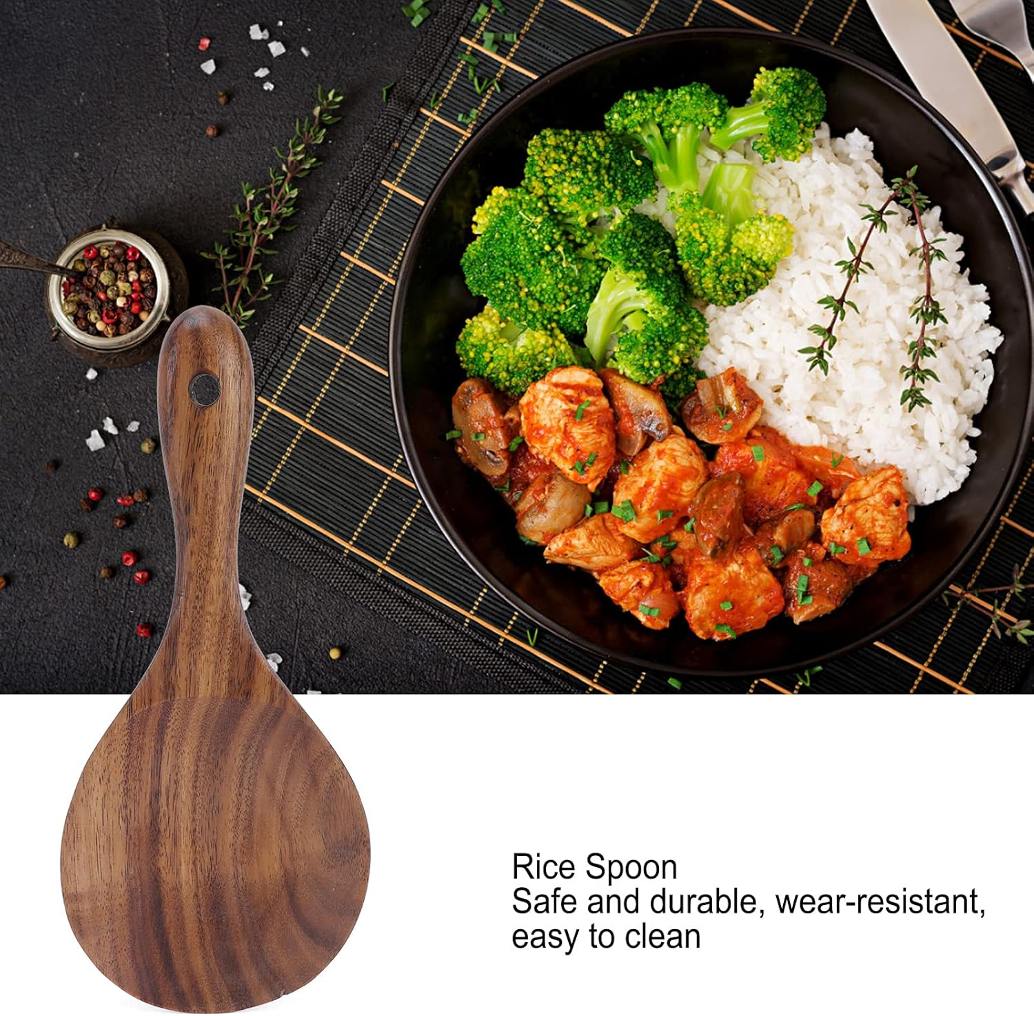 Rice Paddle, Non-Stick Natural Wooden Rice Spoon Shallow round Head Rice Spoon Rice Spoon image number 6