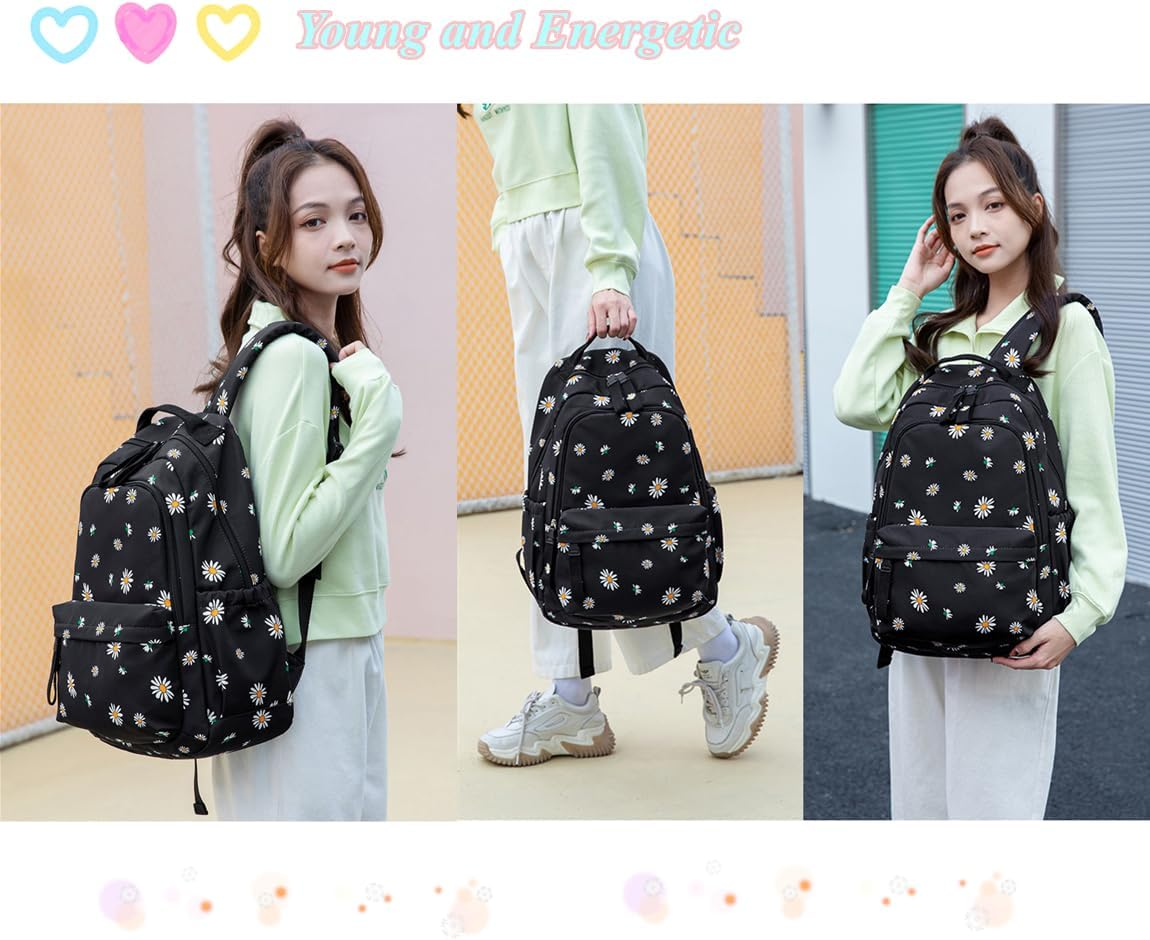 Cats or Daisy Print Girls Backpacks, Water-Resistant Casual School Bags Daypacks image number 4