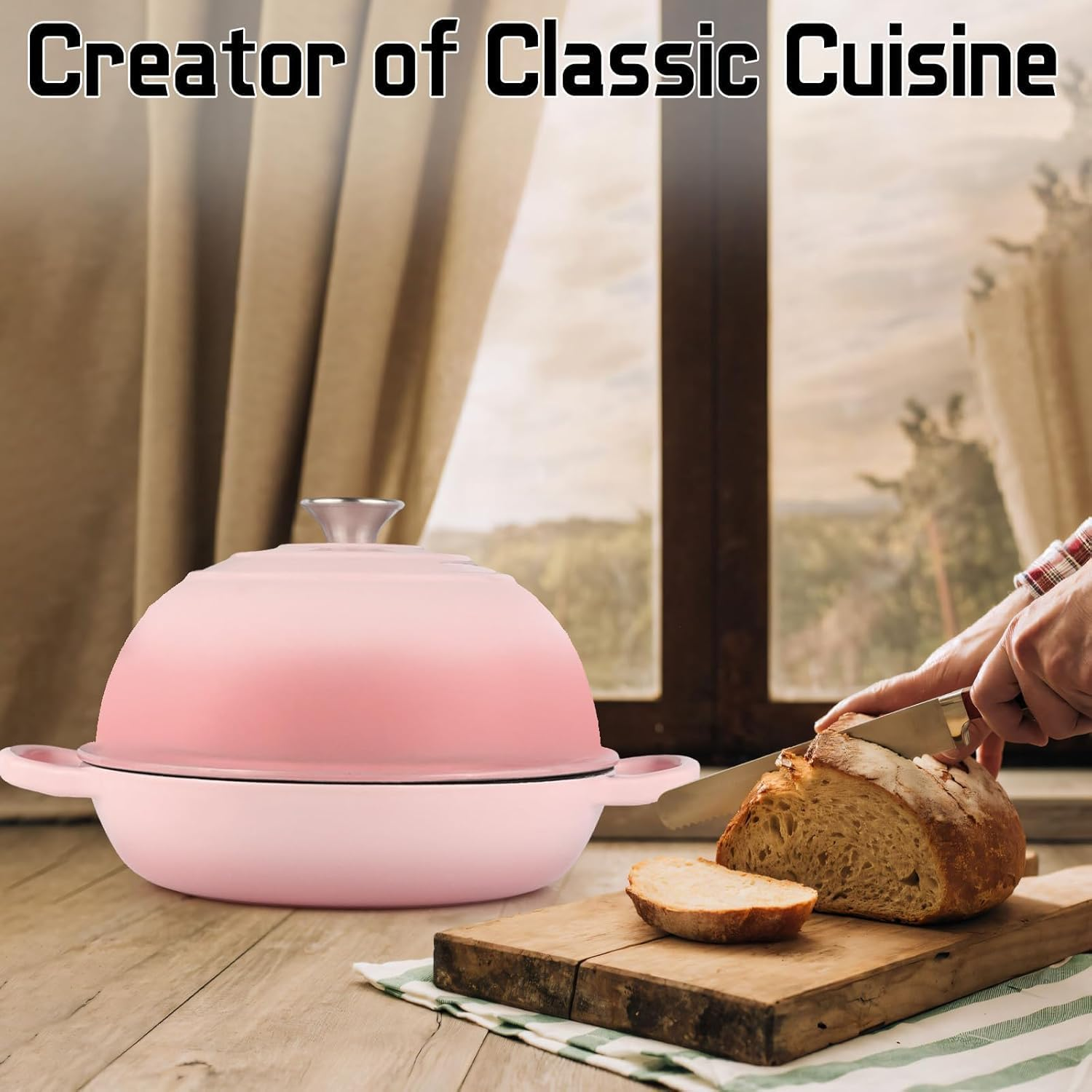 Enameled Cast Iron Bread Oven, 26Cm Bread Dutch Oven for Sourdough Bread Baking, 6 Quarts Bread Pan with Dome Lid, Non-Stick Cookware for Homemade Bread, Pink - Red image number 5