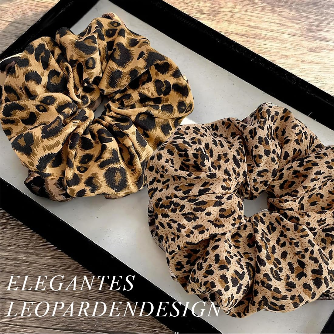 JYNVO Pack of 2 Hair Ties for Women, Leopard Print, Satin Elastic Thick Bands, Ponytail Holder, Women Hair Accessories, Hair Bobbles, Extra Large Scrunchie, Dark & Light Leopard Print image number 5