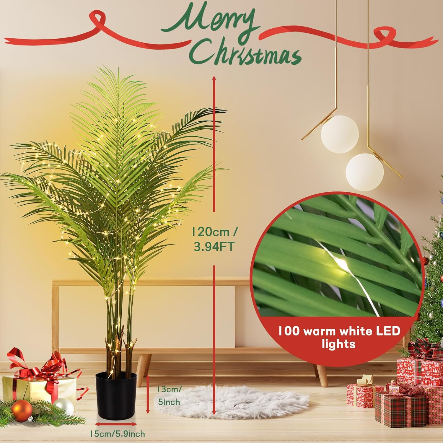Artificial Areca Palm Plant 3.94 FT/120 Cm Tall Tropical Faux Palm Tree with 100 LED String Lights 10 Leaves Fake Palm Tree for Home Office Living Room Floor Christmas Decor image number 5