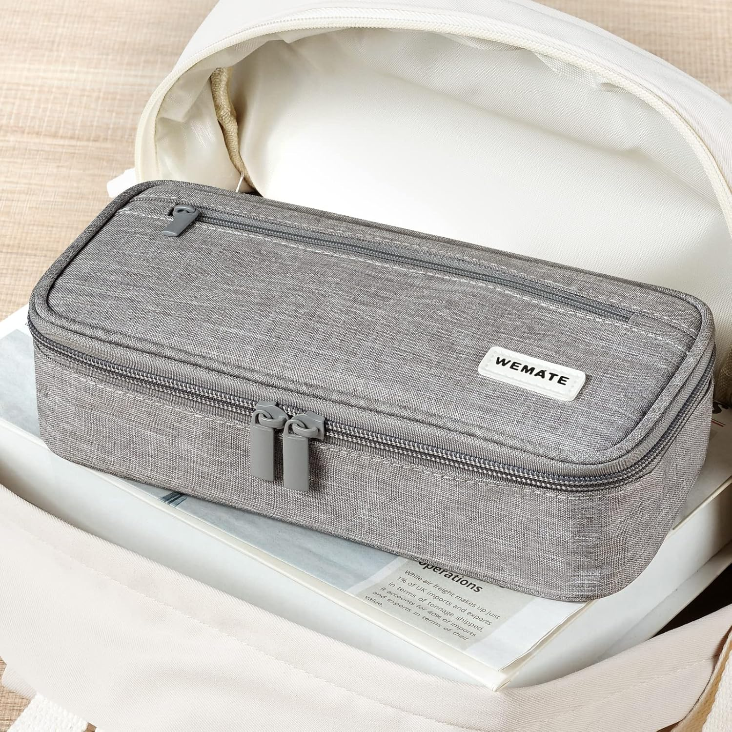 WEMATE Large Pencil Case Aesthetic, Big Capacity Canvas Pouch with Zipper, Marker Pen Case for Women & Men, Portable Stationery Pencil Bag for Office, Light Grey - Light Grey image number 5