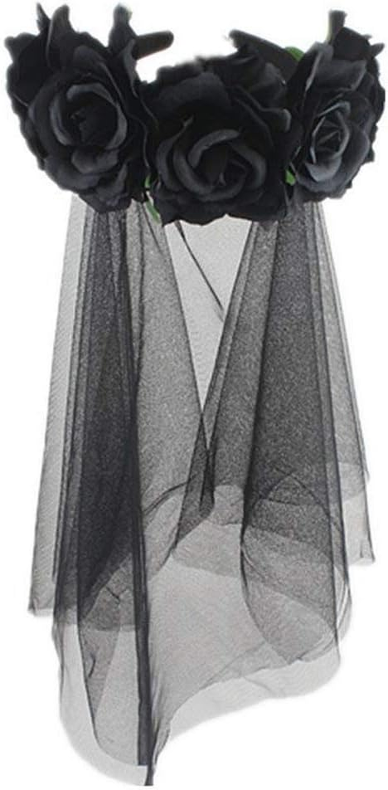CENZICOM Women Girls Zombie Bride Black Veil with Flowers Hairband for Halloween Cosplay Wedding Costume Headwear image number 1