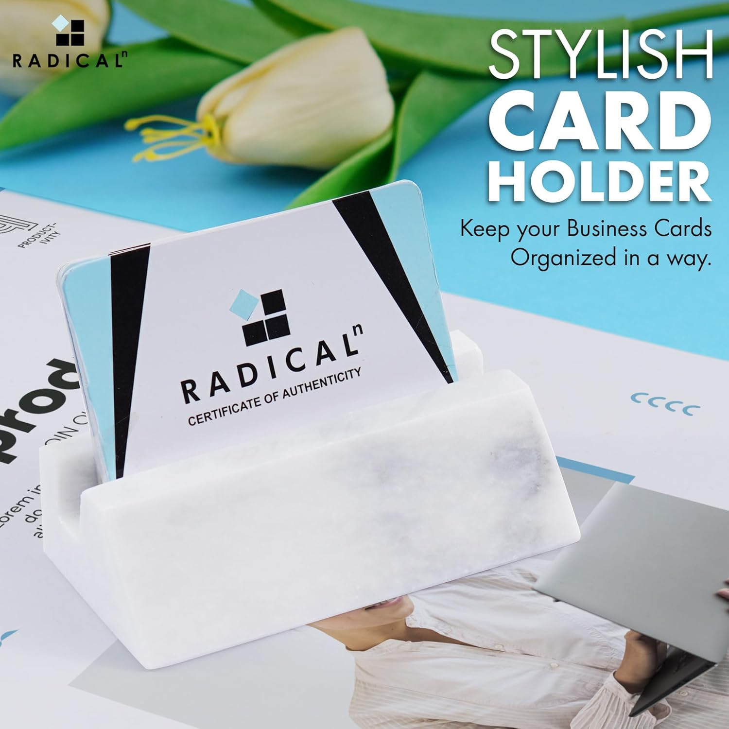 Radicaln Marble Business Card Holder White 10 Cm - Handmade Card Holder Organizer for Office - Elegant Office Desk Decor for Business & Credit Card Storage - White image number 5