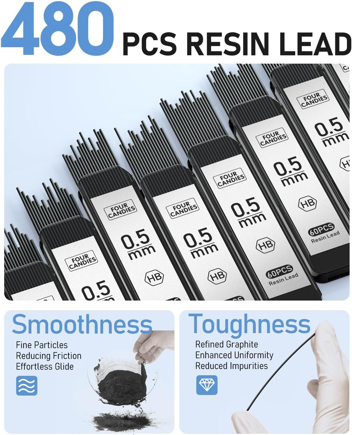 Four Candies 0.5Mm Mechanical Pencil Set with Case, 3PCS Metal Artist Lead Pencil with 8 Tubes (480PCS) HB Lead Refills, 3 Erasers, 9 Eraser Refills for Engineer Art Writing Drawing Drafting, Black image number 5