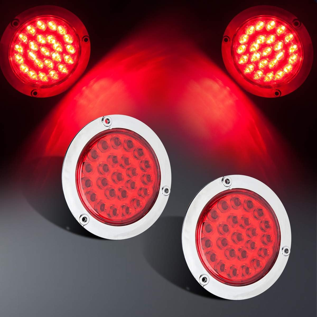 LIMICAR 4" round LED Trailer Tail Light Red 4PCS 24 LED Brake Stop Turn Signal Brake Marker Clearance Running Lights W/Chrome Bezels for Truck Trailer RV Jeep UTE UTV 12V image number 1