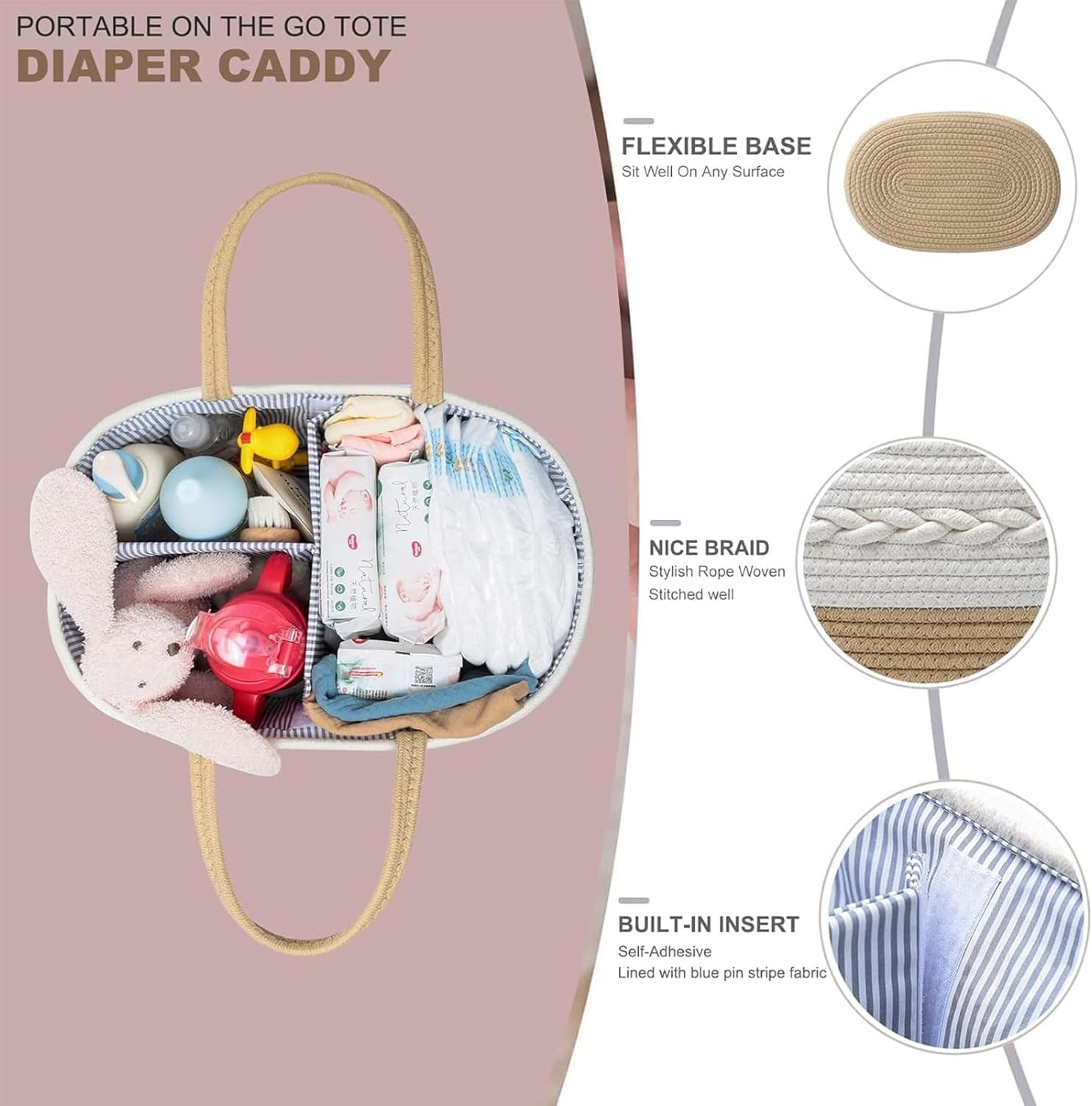 Diaper Caddy Organizer for Baby, Cotton Rope Baby Gift Basket, Portable Diaper Organizer for Changing Table, Diaper Nursery Storage Organizer for Baby Stuff, Baby Shower Gifts for Newborn image number 5