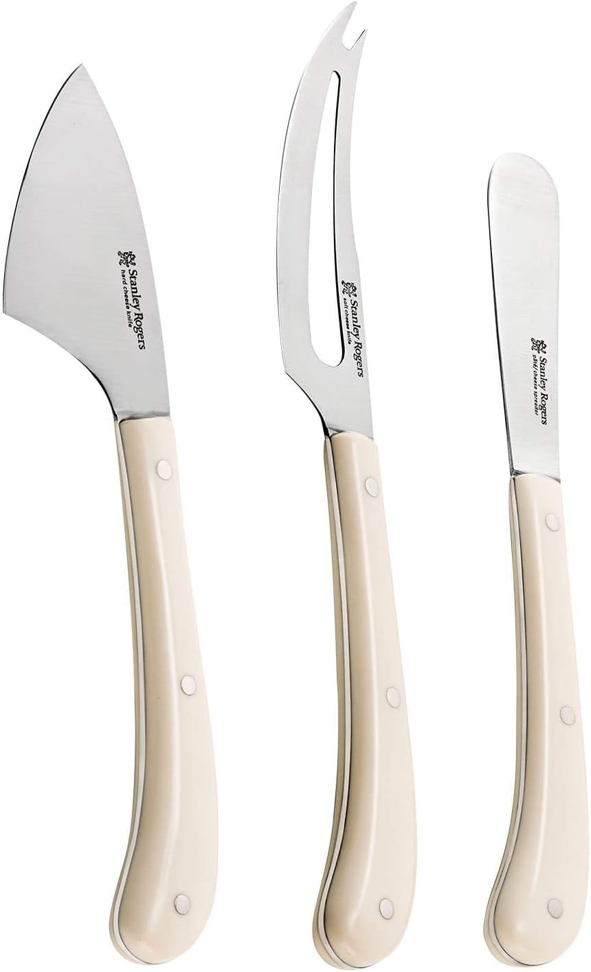 Stanley Rogers Pistol Grip Cream 3 Piece Cheese Knife Set with Soft Cheese Knife, Hard Cheese Knife and Spreader, Cream ABS Handle, Satin Finished Blades, Gift Box image number 1