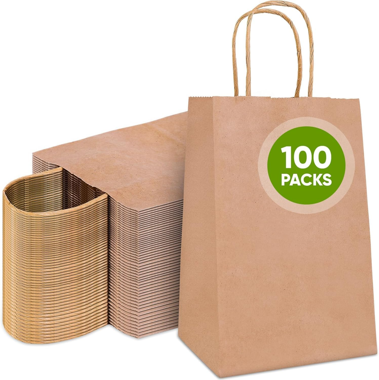 100Pcs Brown Kraft Paper Bag with Handles, 15 * 8 * 21Cm Gift Bag for Small Business Christmas Bulk, Wedding, Party Favor, Shopping, Lunch, Halloween Trick-Or-Treat Bags