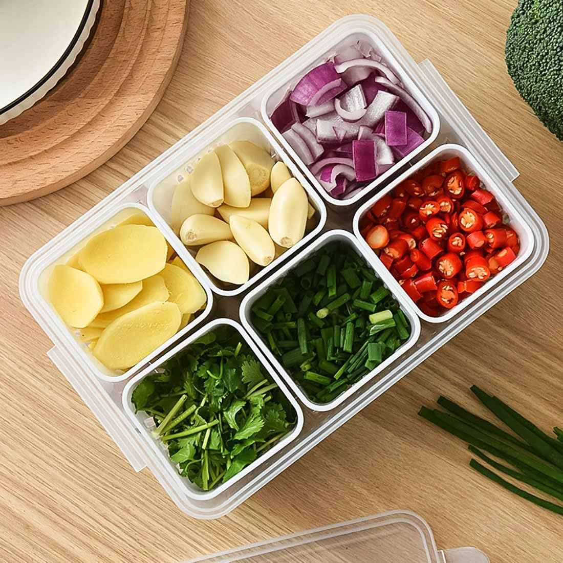 TXHFYKH Food Storage Containers with Lids Airtight, Kitchen and Pantry Organisation, Fresh Food Storage Containers, 6 Pcs Detachable Drain Basket Vegetables Sealed Keeper for Ginger Garlic Onion image number 3