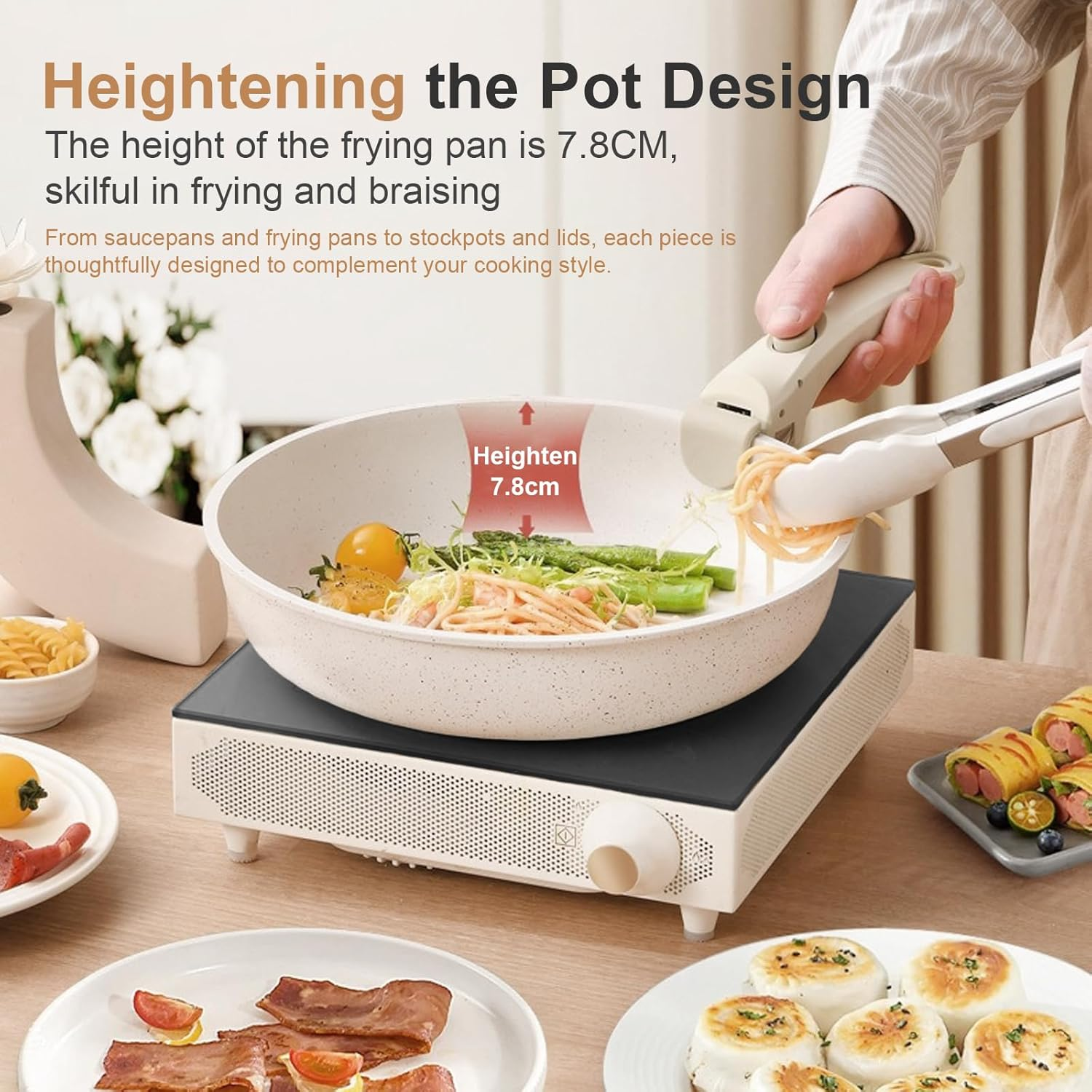 20 Pcs Pots and Pans Set Non Stick, Ceramic Cookware Set Detachable Handle, RV Kitchen Cooking Set Removable Handles, Stackable Non-Stick Pots Set for All Stoves and Oven Safe, Cream White image number 3