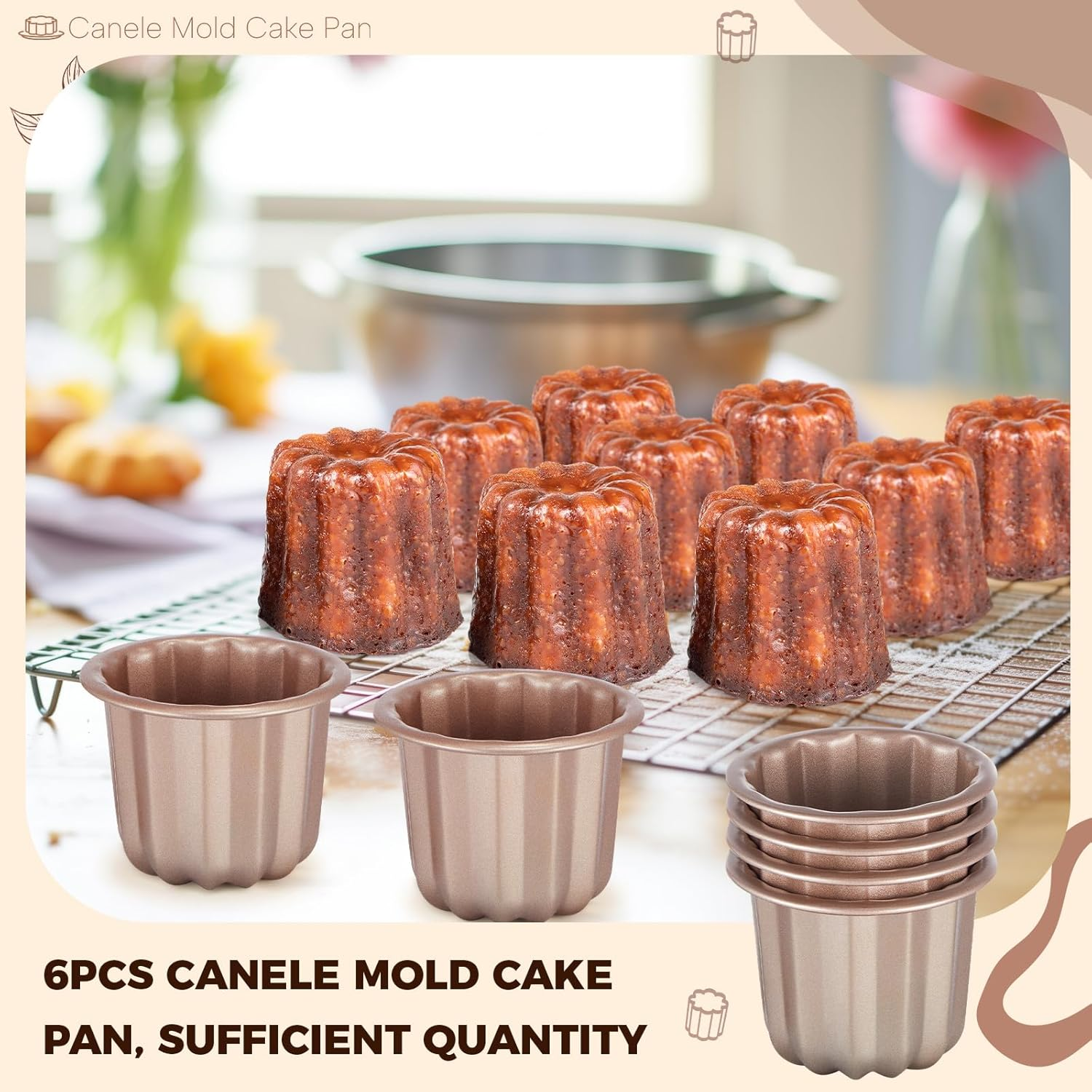6Pcs Canele Mold Cake Pan Nonstick 2.9 Inch Canele Muffin Bakeware Cupcake Pan Carbon Steel Canele Pastry Molds Mini Cupcake Holders Cake Mold DIY Cake Muffin Baking Tool Decorating image number 3