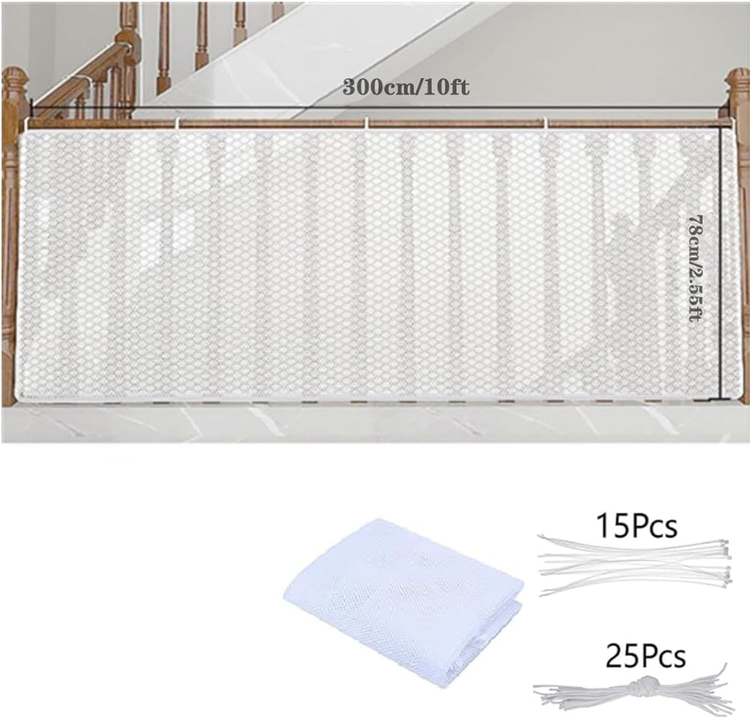 Stair Guardrail Safety Net, 9.8Ft Anti-Fall Mesh Fence for Kids & Pets, Heavy-Duty Nylon Balcony Barrier, Indoor/Outdoor Use, Easy Install with Zip Ties (White) image number 4