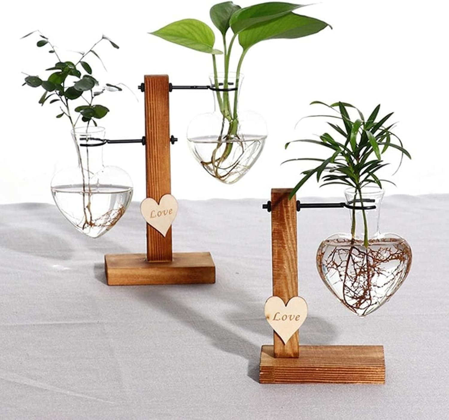 Glass Plant Terrarium with Wooden Stand,Creative Double Heart Glass Hydroponic Vases for Desktop Planter Bud Hydroponic Plant Home Garden Office Decoration (B) - A image number 6