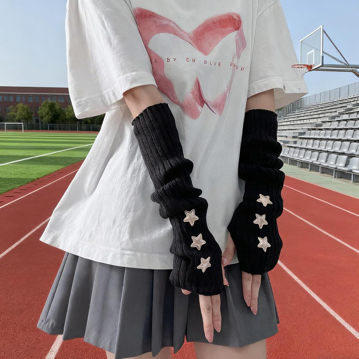 Arm Warmers Y2K Knit Black Arm Warmers with Star Embellishments Kawaii Clothes Cool Girls Gothic Grunge Accessories One Size image number 4