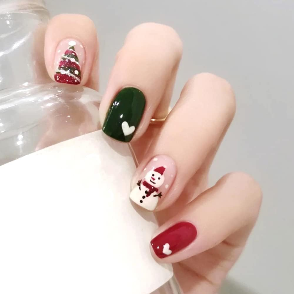 Christmas Press on Snowflake Nails Red Square Fake Nails with Lines Swirl Gingerbread Design Matte Full Cover Glue on Winter False Nails 24 Pcs