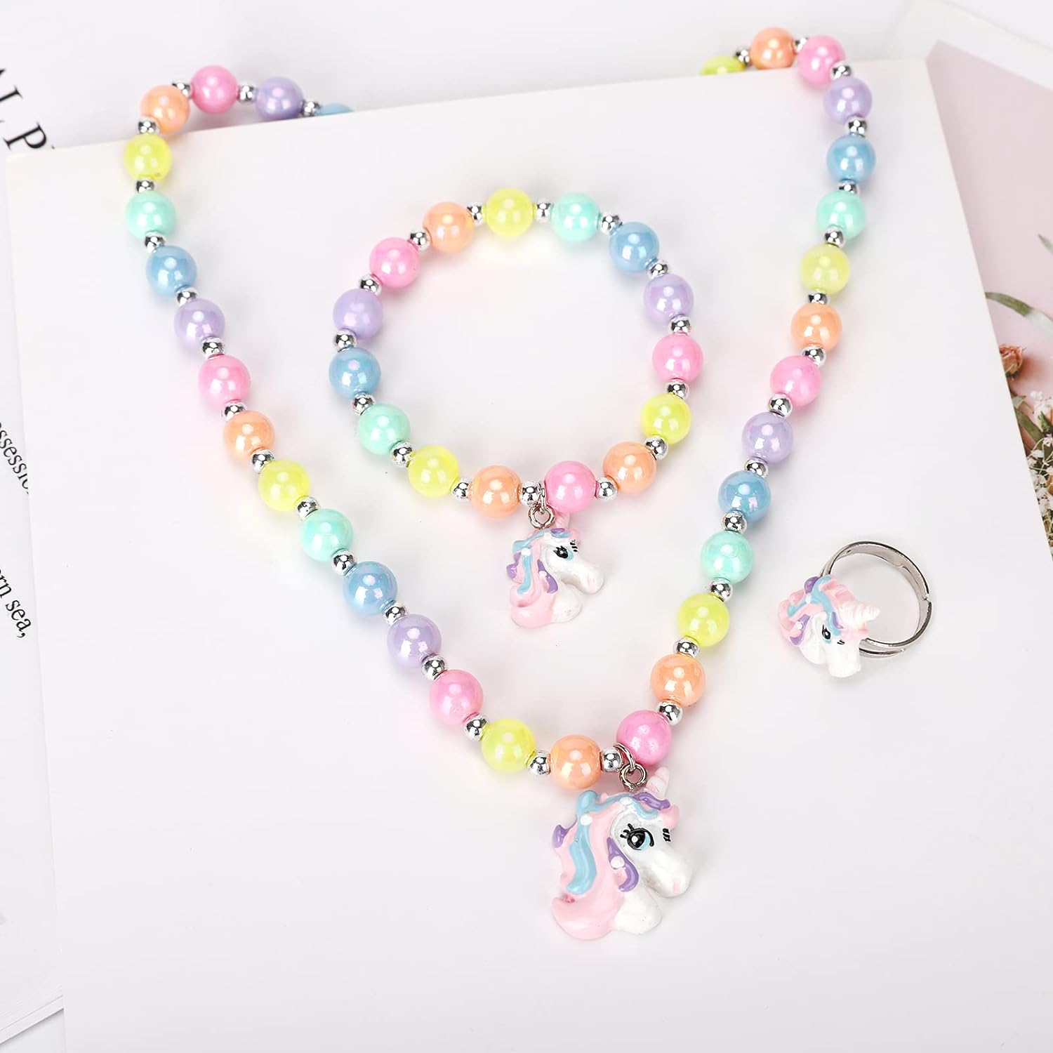 Unicorn Stretch Necklace Little Girl Toddler Necklace Bracelet Set, Little Princess Jewelry Accessories Favors Bags for Girls (2), Plastic Resin image number 6