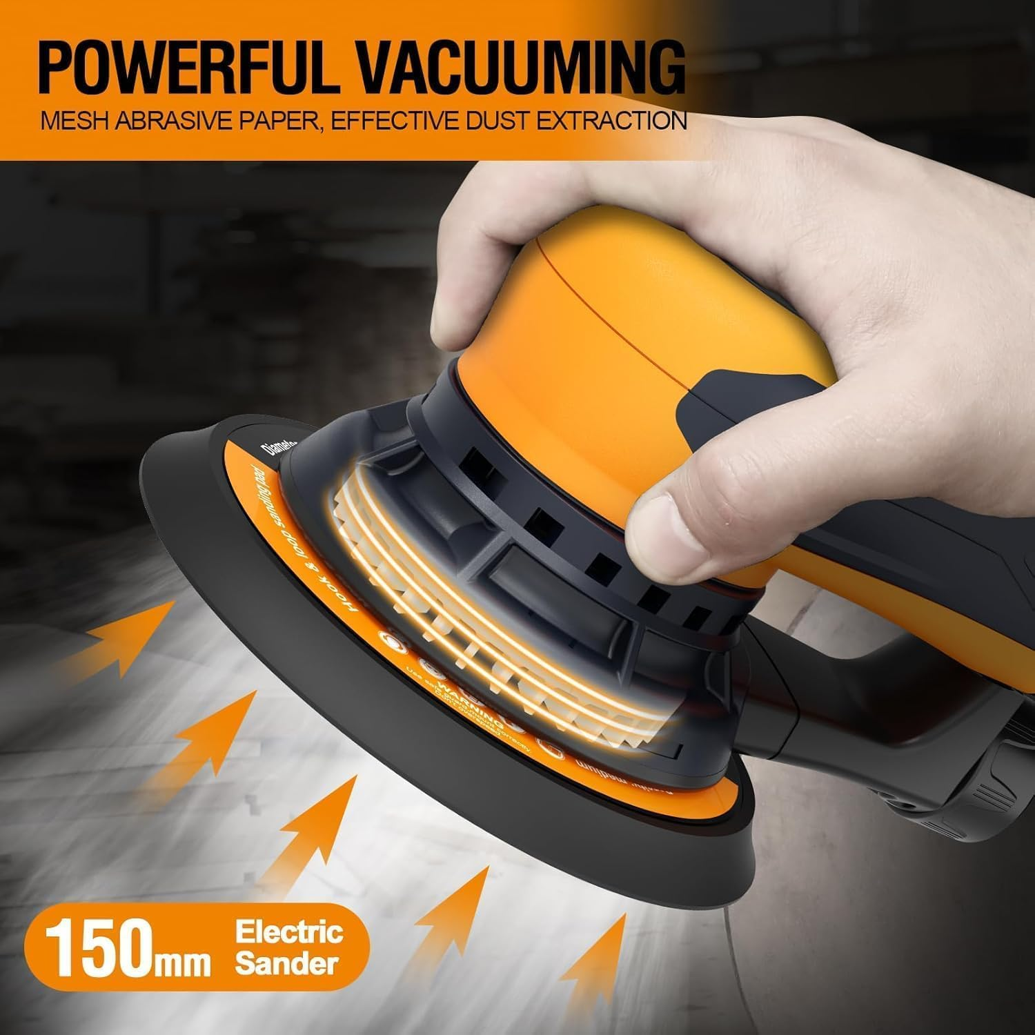 MAXXT 5Mm Orbit Random Orbital Sander - Electric Palm Sander with Brushless Motor, 5 & 6 Inch Sanding Pads, Central Vacuum - Ideal for Woodworking, Wood & Panel Processing (Orange) image number 5