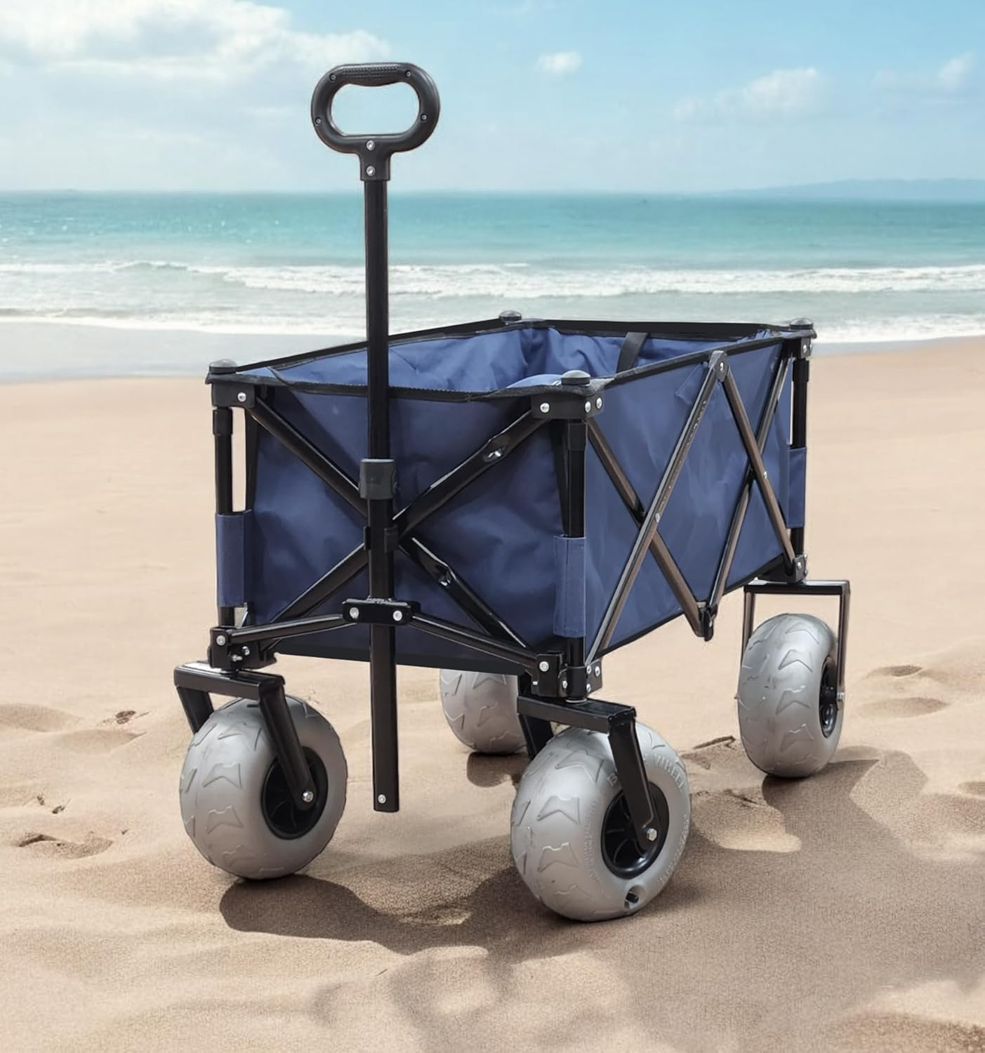 Beach Trolley Wagon with Big Wheels for Sand - All Terrain Steel Frame Utility Cart with 9" Pneumatic Tires, Collapsible Folding Design (Sand Warrior RX800) Navy Blue image number 6