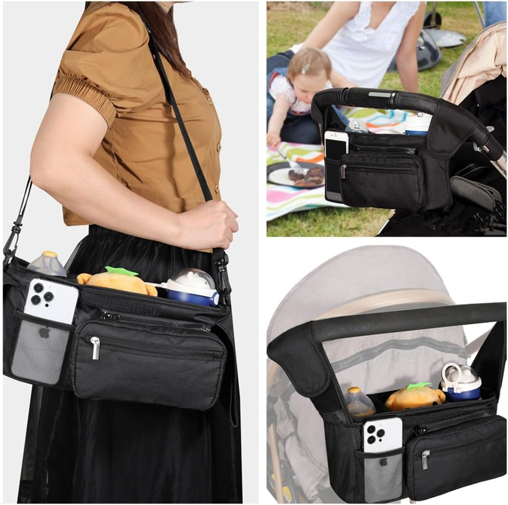 Baby Buggy Pram Caddy, Cuicanfla Universal Pram Organiser Bag with Insulated Coffee Cup Holders & Phone Storage, Travel Bag Pram Organizer,For Most Baby Strollers image number 2