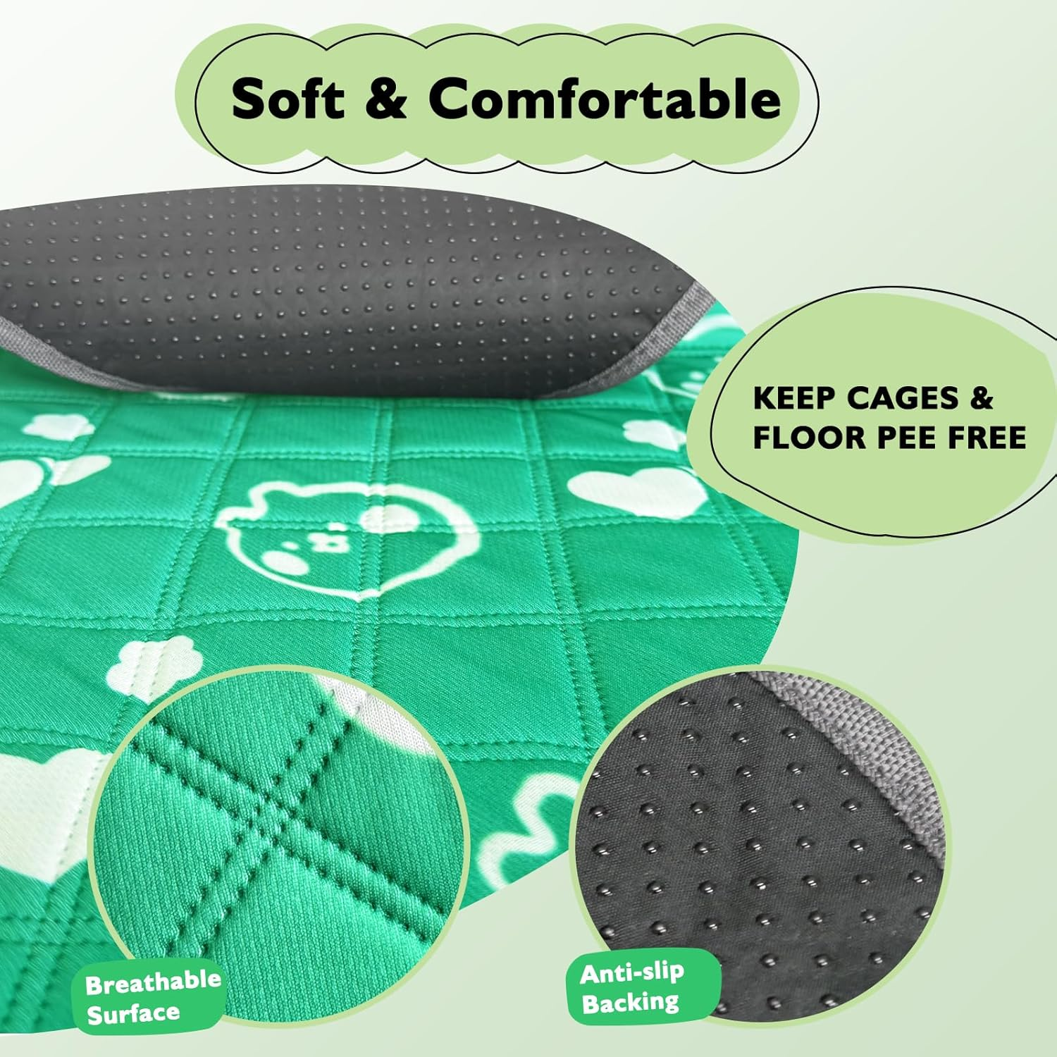 Mooydee 2 Pack Guinea Pig Bedding - Washable Guinea Pig Cage Liners, Waterproof Reusable & anti Slip Pee Pads Super Absorbent Mats for Small Animals Pet Rabbit Bunny Hamster Rat (Green, 57 X 28 Inch) image number 3