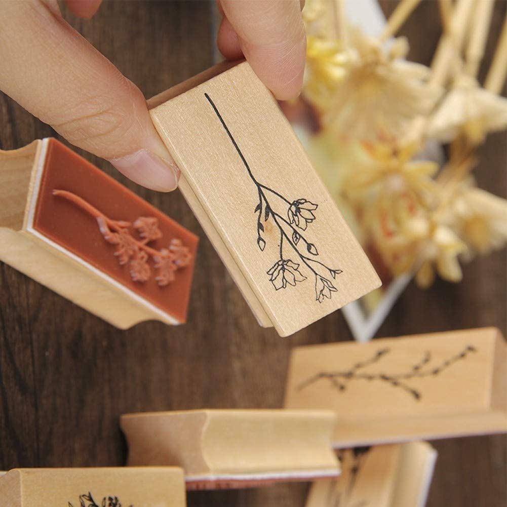 8Pcs Large Size Wood Rubber Stamp DIY Diary Scrapbook Stamp Set Fresh Nature Flower Plants Patterns for Card Making, DIY Crafts, Scrapbooking Supplies