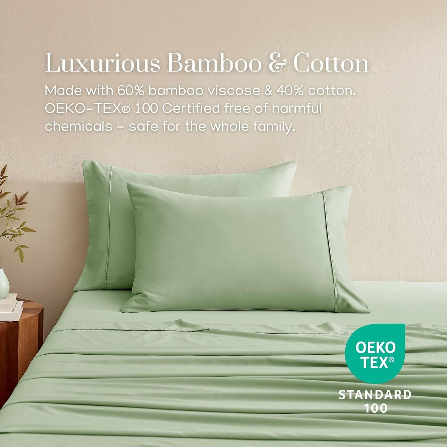 Dreamaker Serene 4 Pieces Bamboo Cotton Sateen Super King Sheets Set, Hypoallergenic Deep Pocket Fitted Sheet, Flat Sheet & 2 Pillowcases Easy Care Machine Washable Bedding Set Super King Size - Sage image number 3