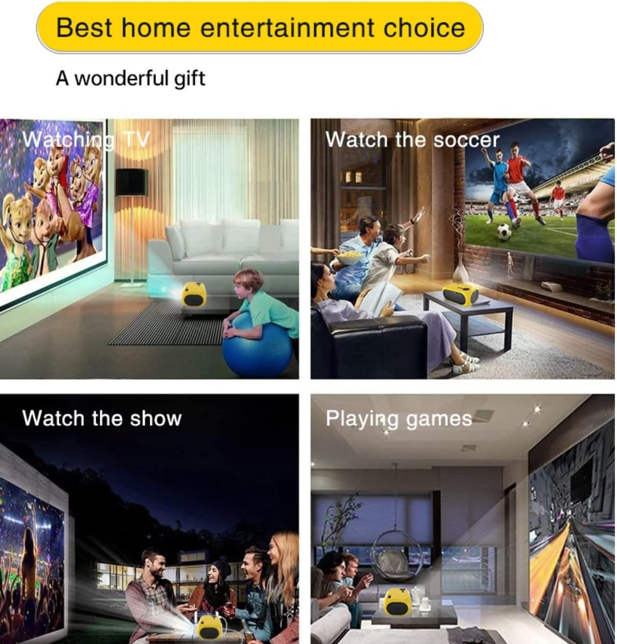 Portable Projector 1080P Full HD Supported Video Projector, Mini Projector Outdoor Home Theater Movie Projector, Compatible with HDMI, USB, AV, Smartphone/Tablet/Laptop Phone Projector (Yellow) - White image number 6