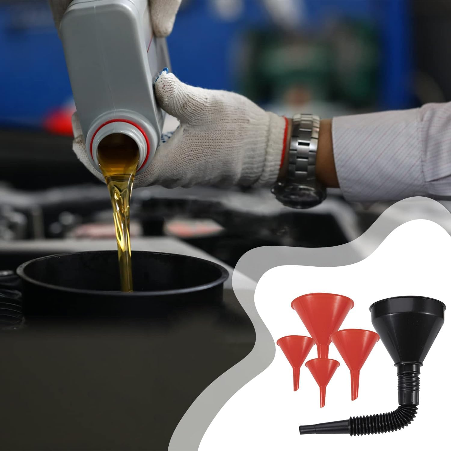 5 Pcs Plastic Fuel Funnels for Automotive Use, Wide Mouth Flexible Oil Funnel with Hose for Gas Transfer image number 5