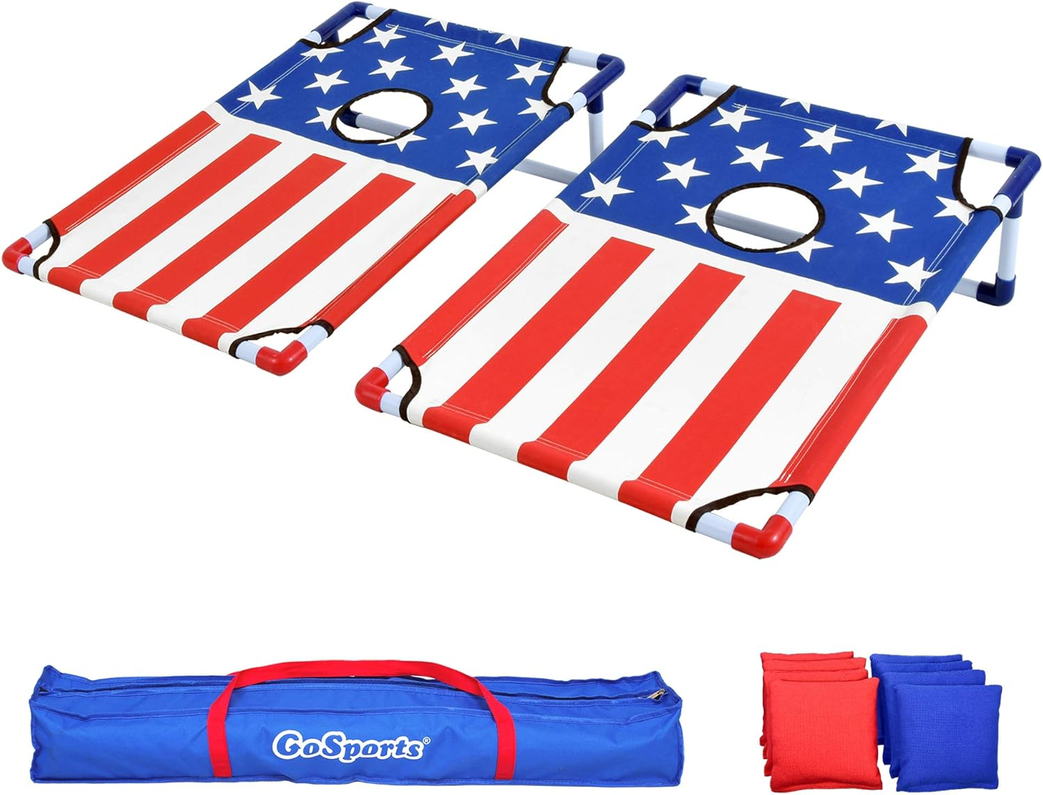 Gosports Portable PVC Framed Cornhole Toss Game Set with 8 Bean Bags and Travel Carrying Case - Choose American Flag Design, Red & Blue or Football image number 5