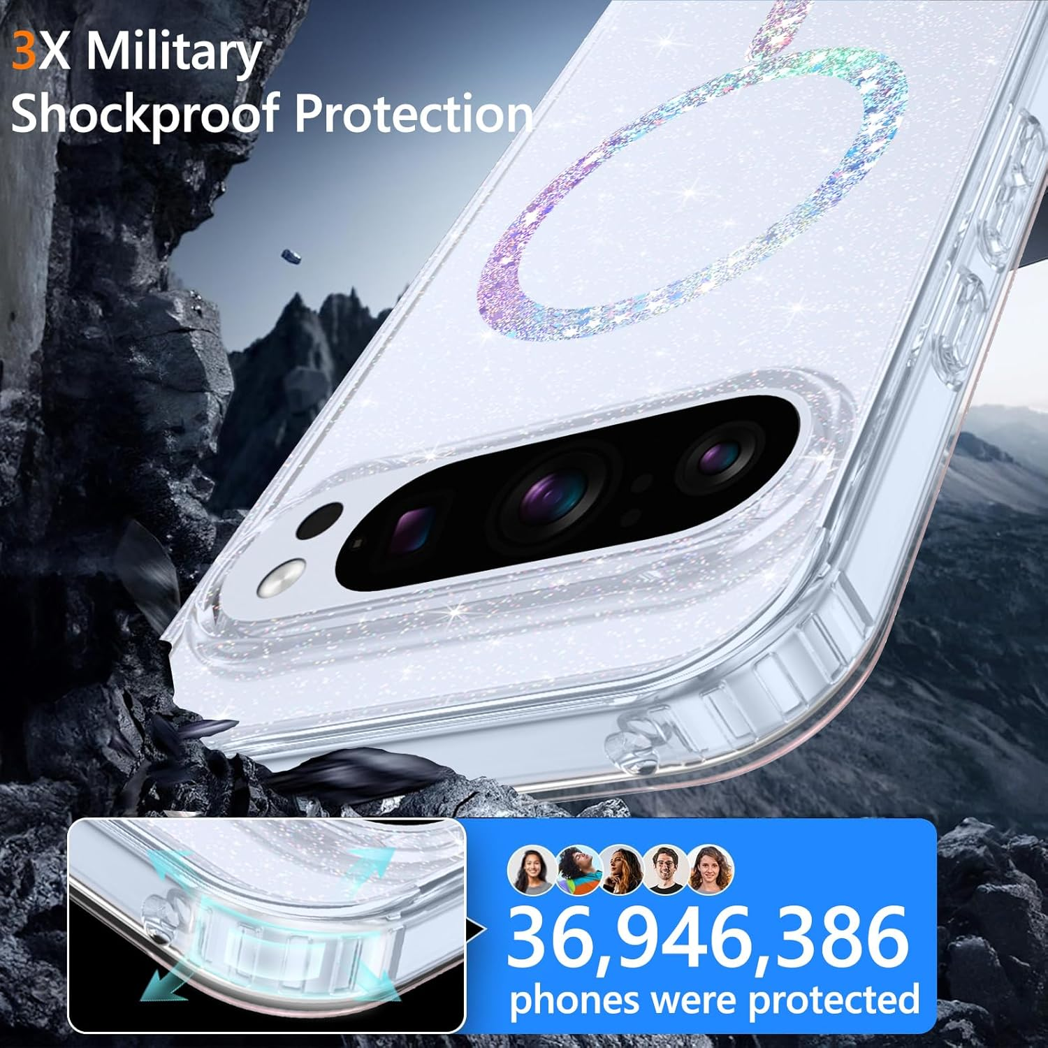 GUAGUA for Google Pixel 10/10 Pro Case,[Compatible with Magsafe] Mobile Phone Case Magnetic Transparent Glitter Lightweight Thin Cover Case Protective Case Google Pixel 10/10 Pro, Crystal Clear image number 4