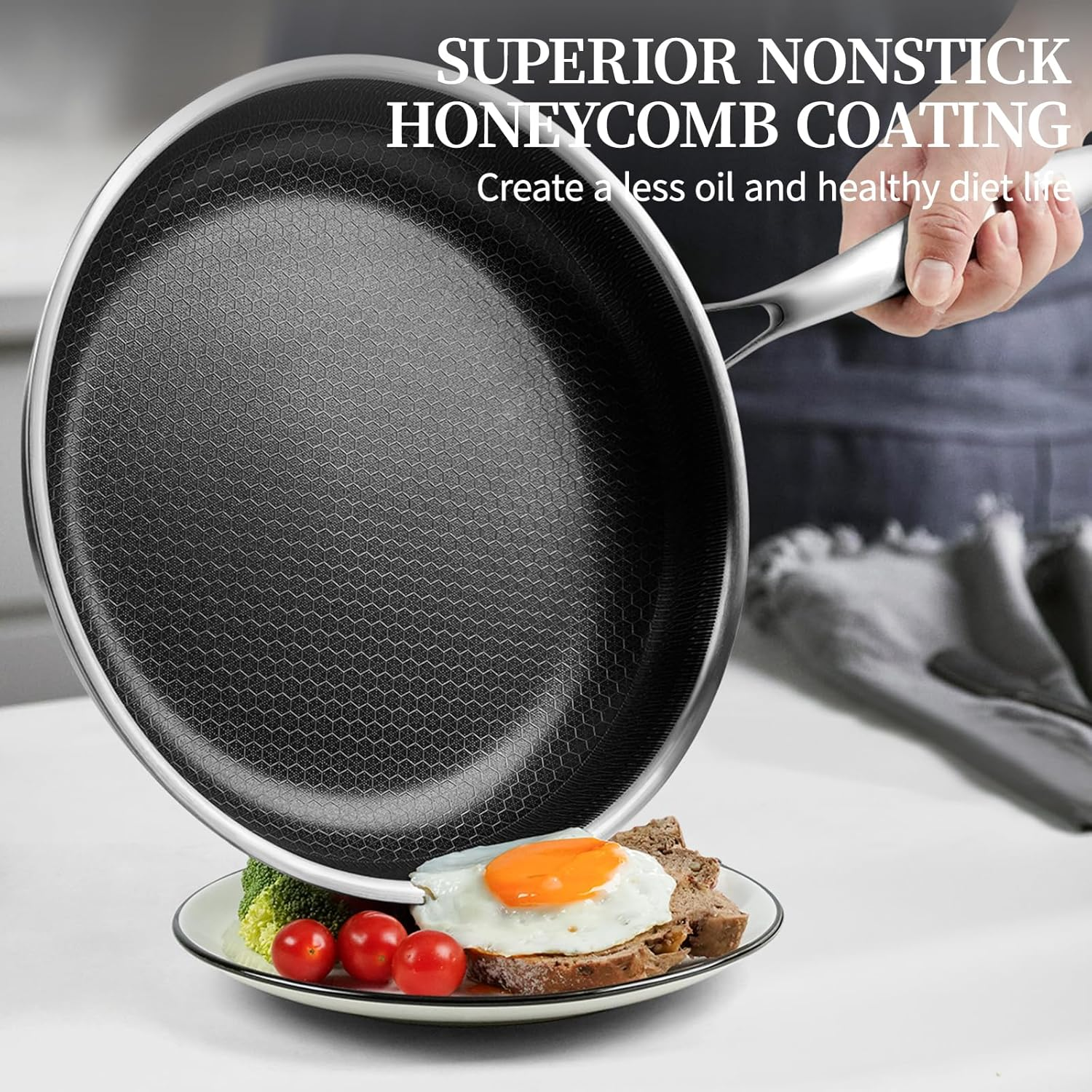 BIRFYDO 28Cm Nonstick Frying Pans with Lid, Non Stick Stainless Steel Skillets, Dishwasher and Oven Safe, Stay-Cool Handle, Compatible with All Cooktops, PFOA Free Cookware image number 3