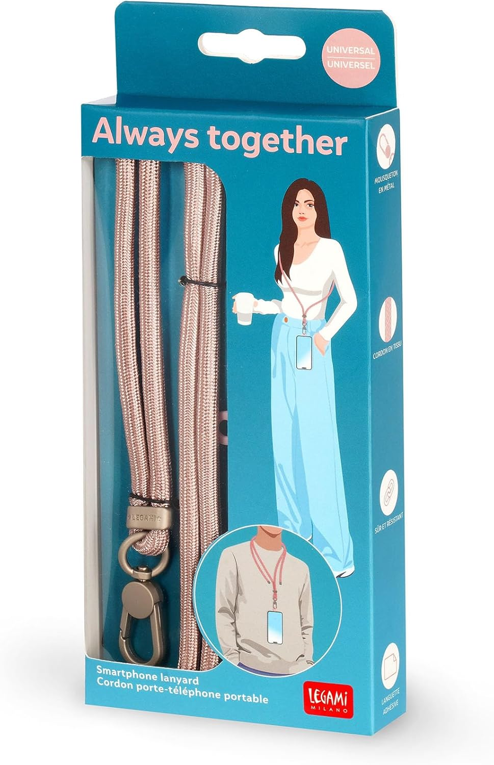 Legami Always Together Smartohone Laynard, 70 Cm Width, Rose Gold | Features Adjustable Neck Strap with a Secure Clasp | Includes a Durable Adhesive Sticker That Slides inside Your Phone Case image number 3