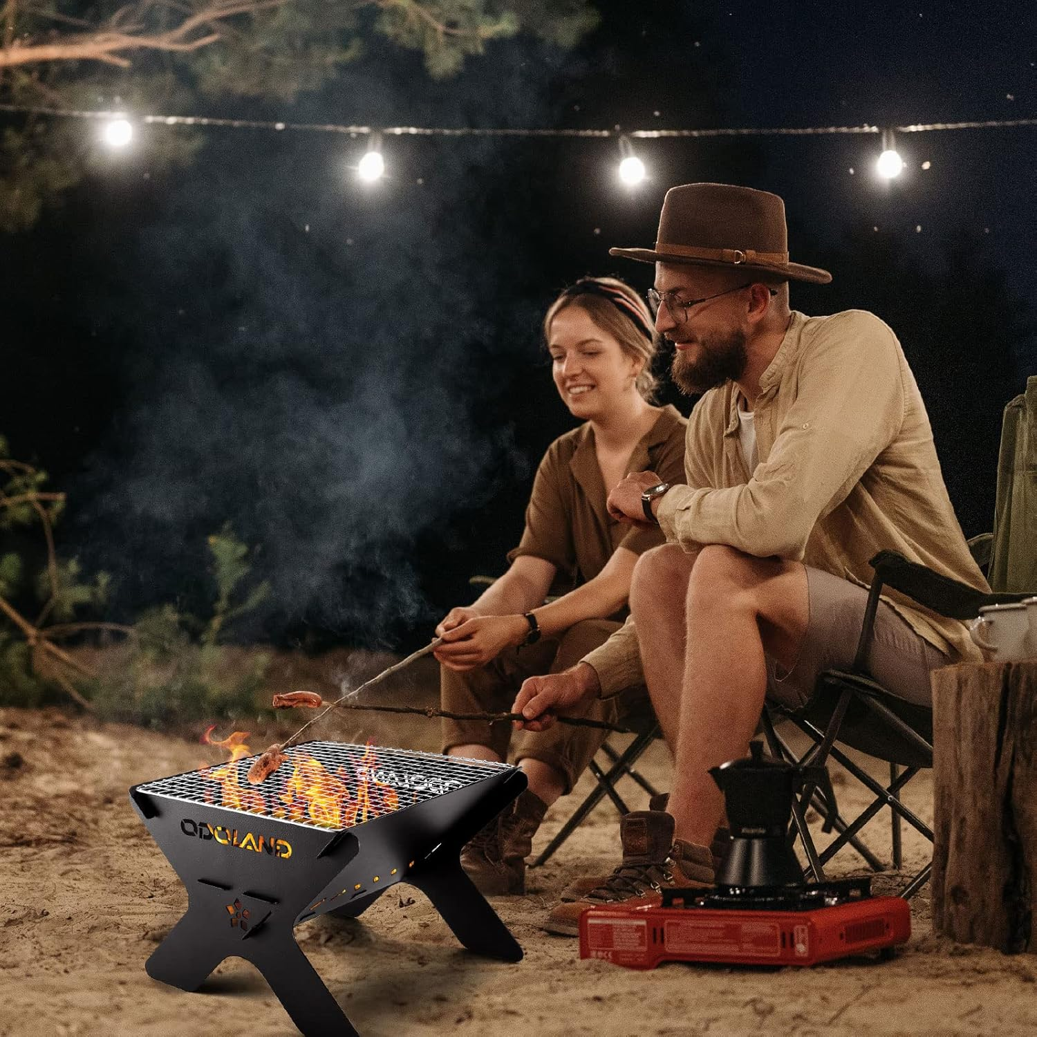 Odoland Camping Fire Pit, Portable Fire Pit for Camping, 2 in 1 Wood Burning Fire Grill with Detachable Cooking Grate for outside BBQ, with Carry Bag