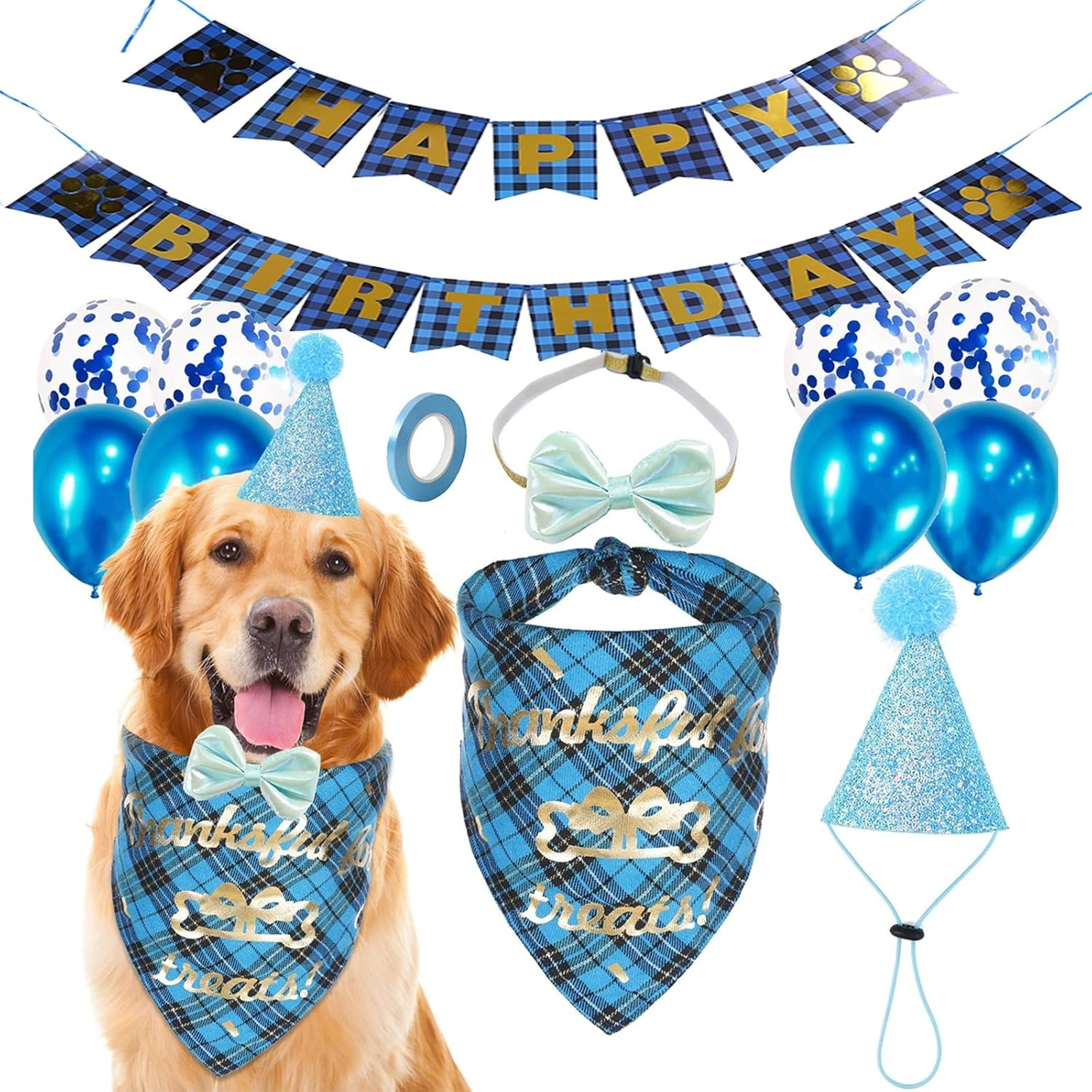 Dog Birthday Party Supplies, Dog Birthday Set Bandana Hat Banner Balloon Bowtie Triangle Scarf Cat Party Accessories Pet Boy/Girl Decoration Set (Blue) image number 3