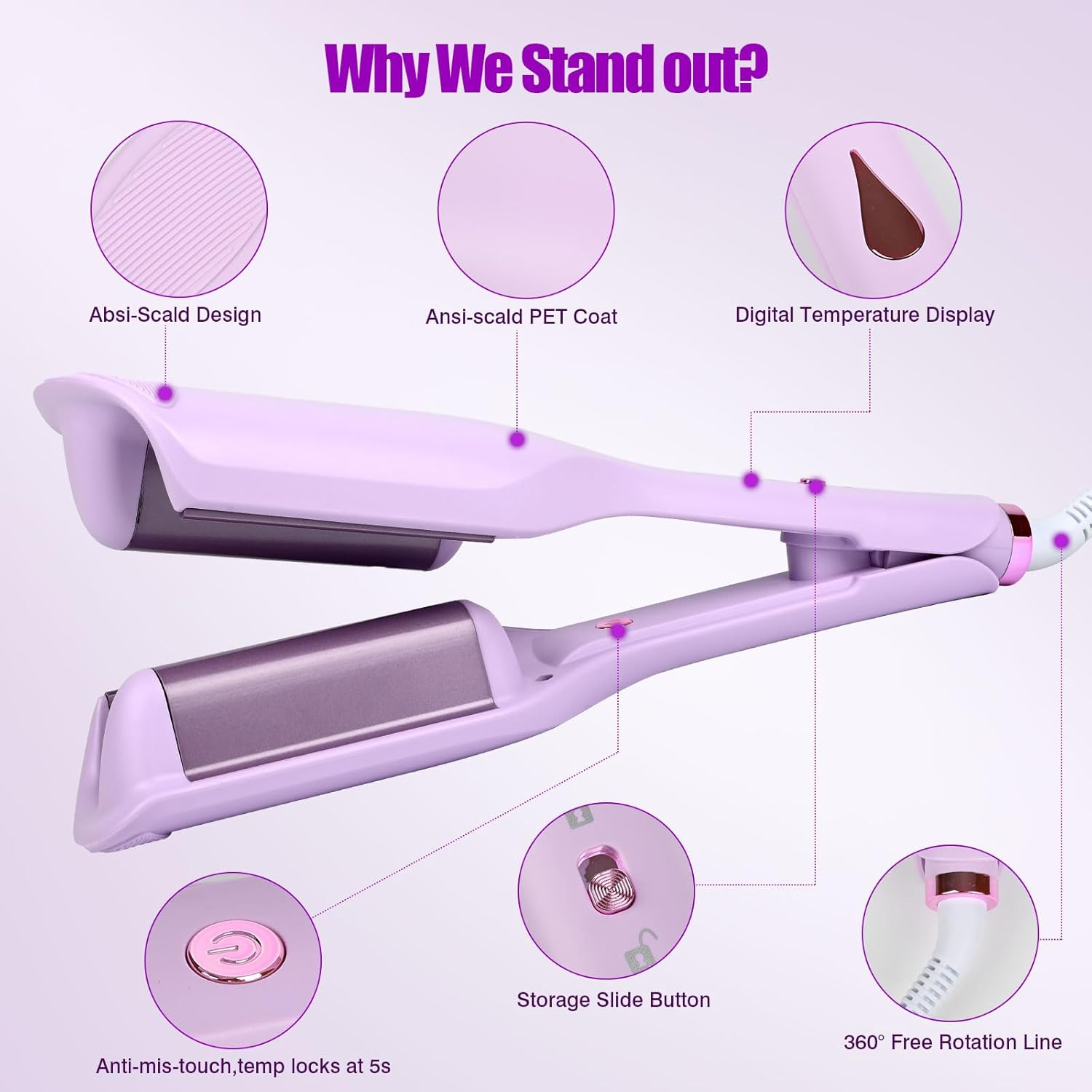 UOEPOWA 40Mm Wave Curling Iron, Deep Waver Curling Iron, Ionic Beach Waves Curling Wand with Ceramic Tourmaline Barrel, Dual Voltage, Anti-Scalding Fast Heating for Short and Long Hair (Purple)