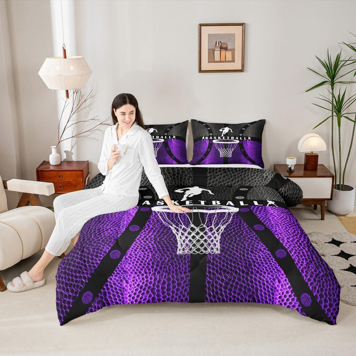 Homewish Basketball Comforter Set King Size Black Basketball Print Bedding Set 3Pcs for Kids Boys Girls Teens Adults Gamer Bedroom Decor,Ball Gaming Sports Theme Duvet Insert with 2 Pillowcases