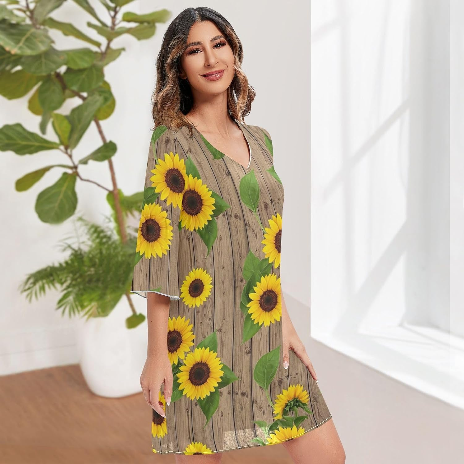 Sunflowers Rustic Wooden Chiffon Dress Printed Line Maternity Dress