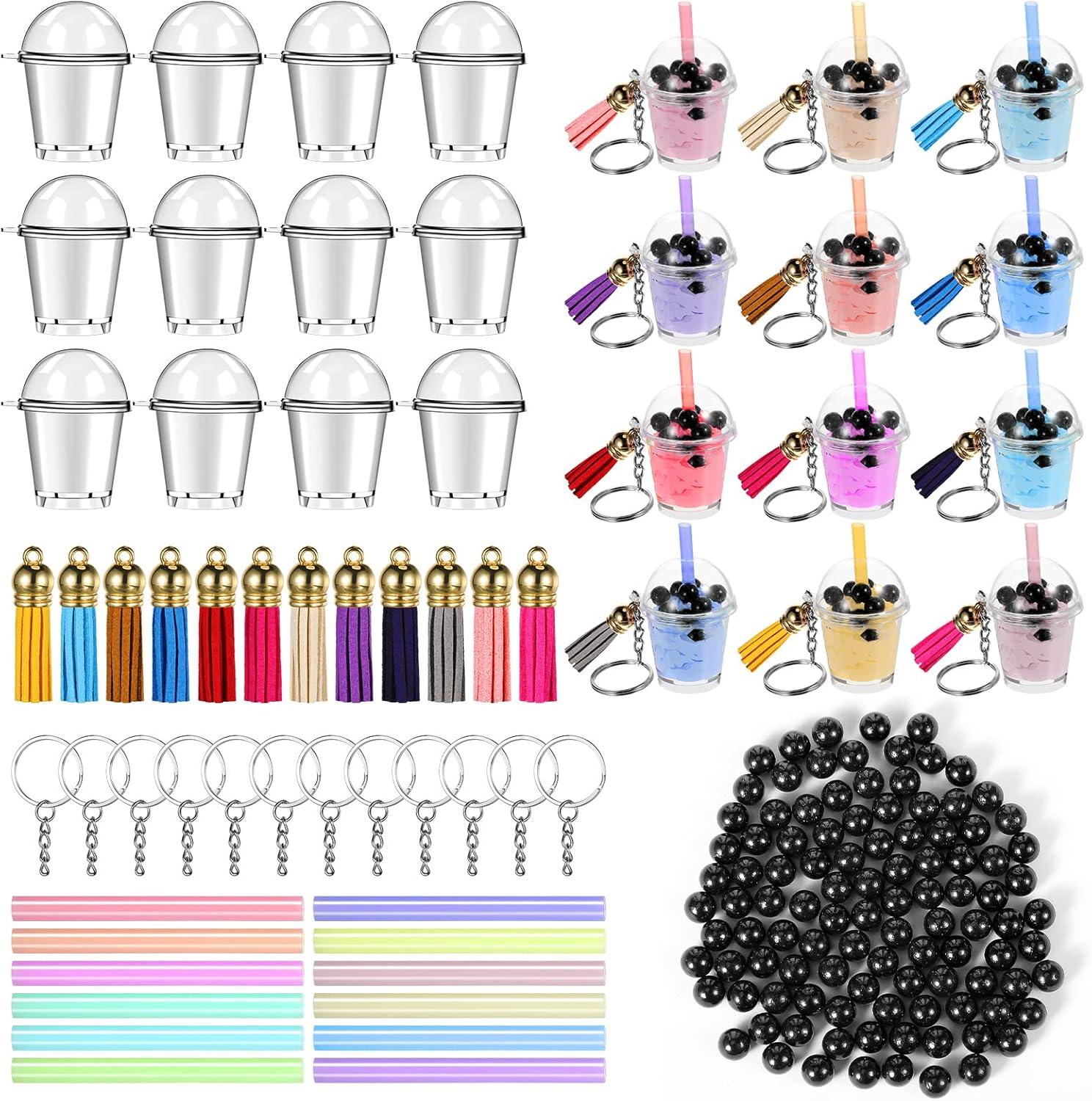 Cunno 348 Pcs Mini Milky Tea Keychain Accessories Bubble Tea Cream Glue Casting Includes 16 Keychain Rings, 16 Mini Cup Pendant Charm with 16 Tassels, 300 Bubble Beads for DIY Crafts