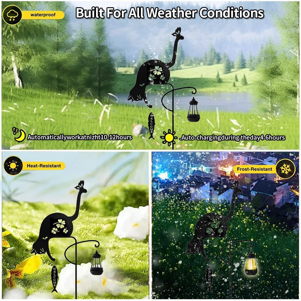 YZYOE Solar Powered Black Cat Fishing Light, Garden Decorative Iron Art Cute Cat Fishing Floor Light, Wireless Dusk Dawn LED Landscape Lamp Waterproof