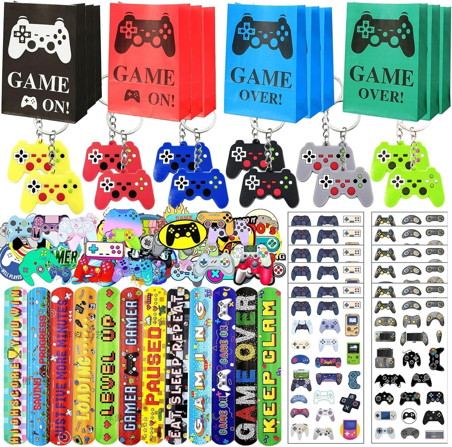 98 Pcs Video Game Party Favors, Party Favors - 12 Set of Party Supplies Included Gift Bags,Game Keychain,Slap Bracelet,Stickers,Temporary Tattoos for Birthday Party Supplies image number 5