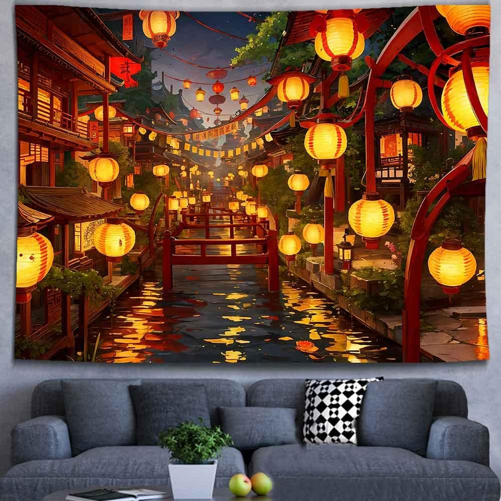 Ine Ive Japanese Tapestry Wall Hanging 80X60 Inches Japan Streets Filled with Lanterns Tapestry for Bedroom Living Room Dorm Decor